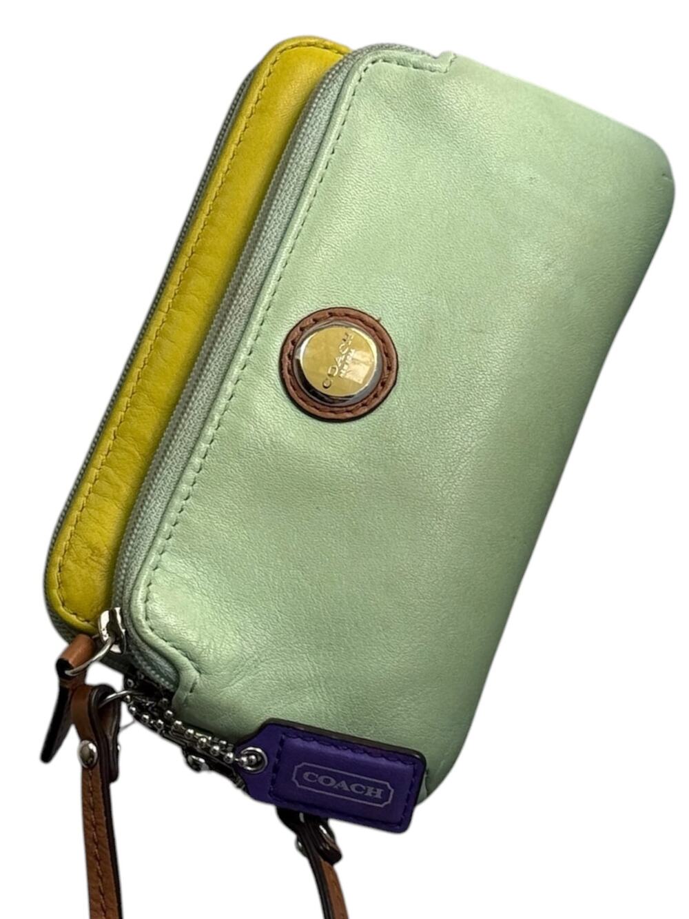 COACH 48952 Poppy Color Block Double Zip Leather Candied Aqua Wallet Wristlet